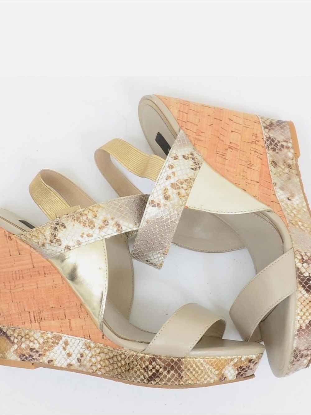 White House Black Market Beige, Gold & Cork Snake-Print Wedge Sandals